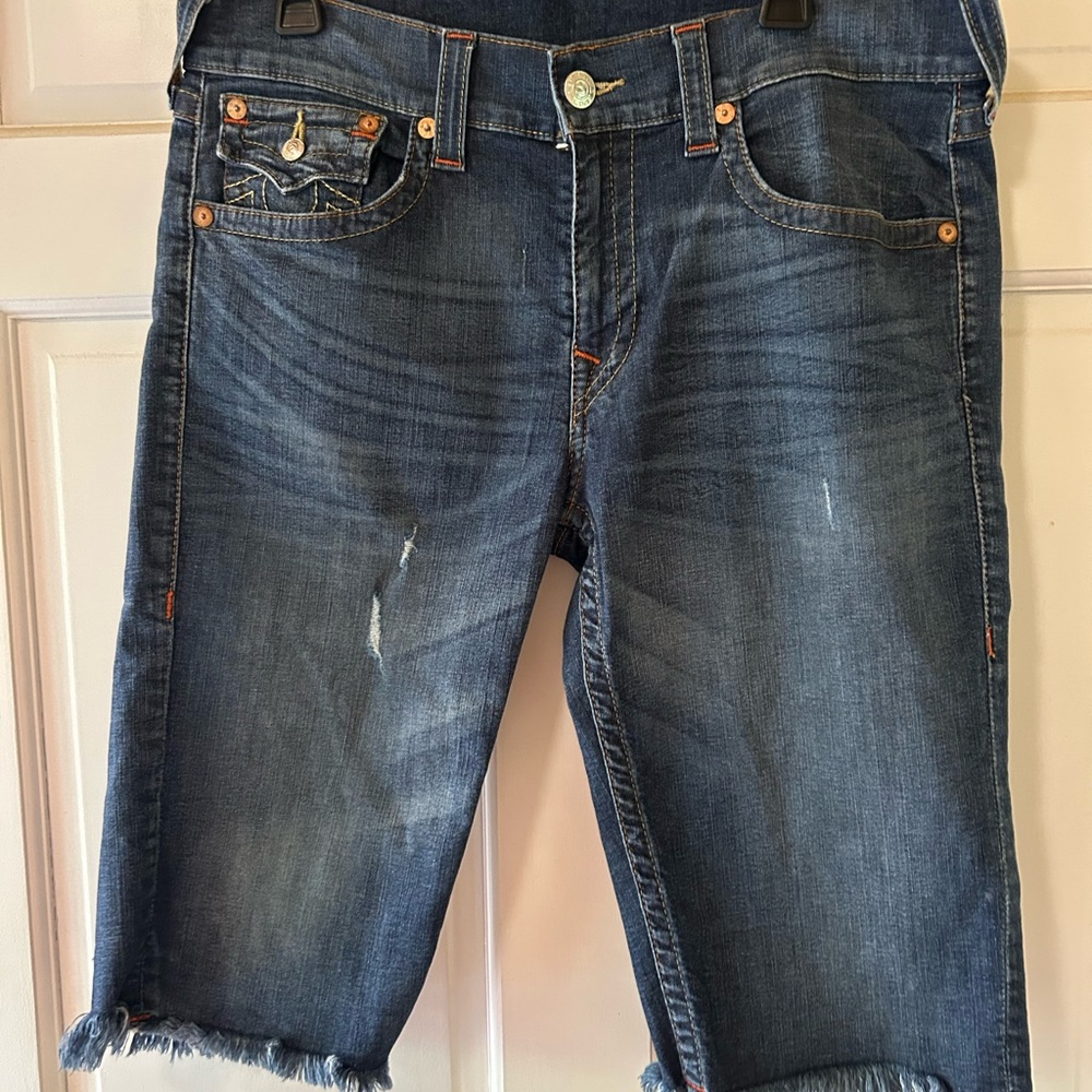 True Religion Blue Jean Shorts Distressed Casual Frayed